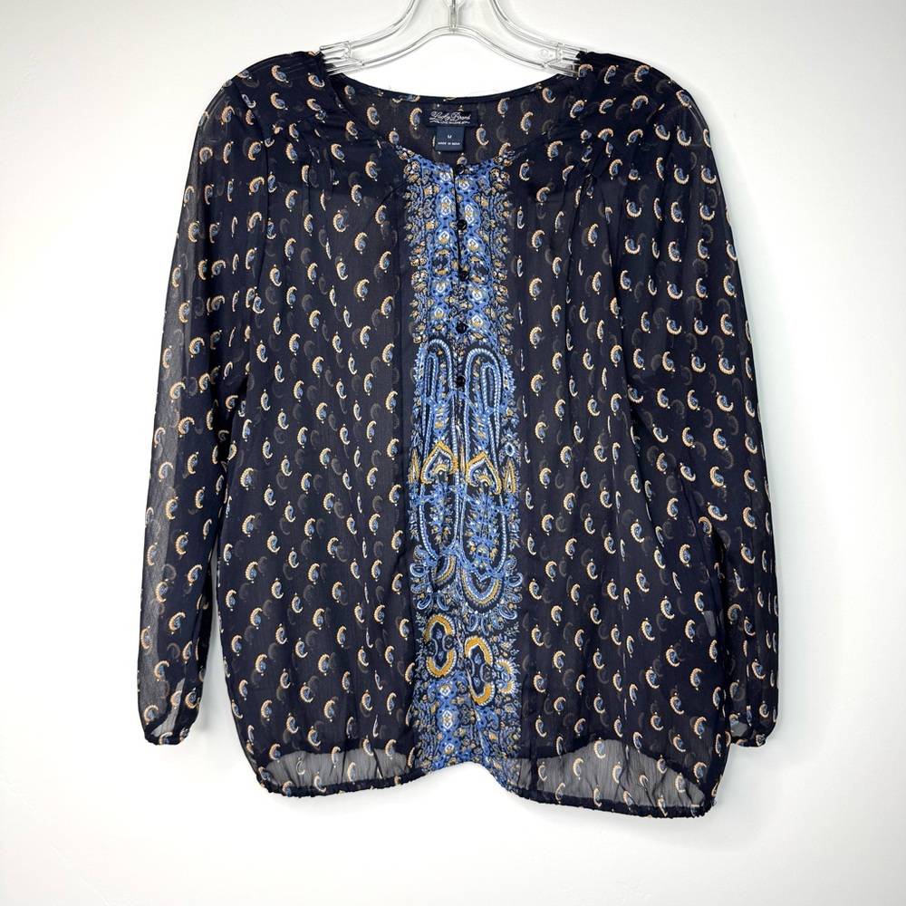 Lucky Brand Blue Sheer Blouse Women’s Size Medium Long Sleeve